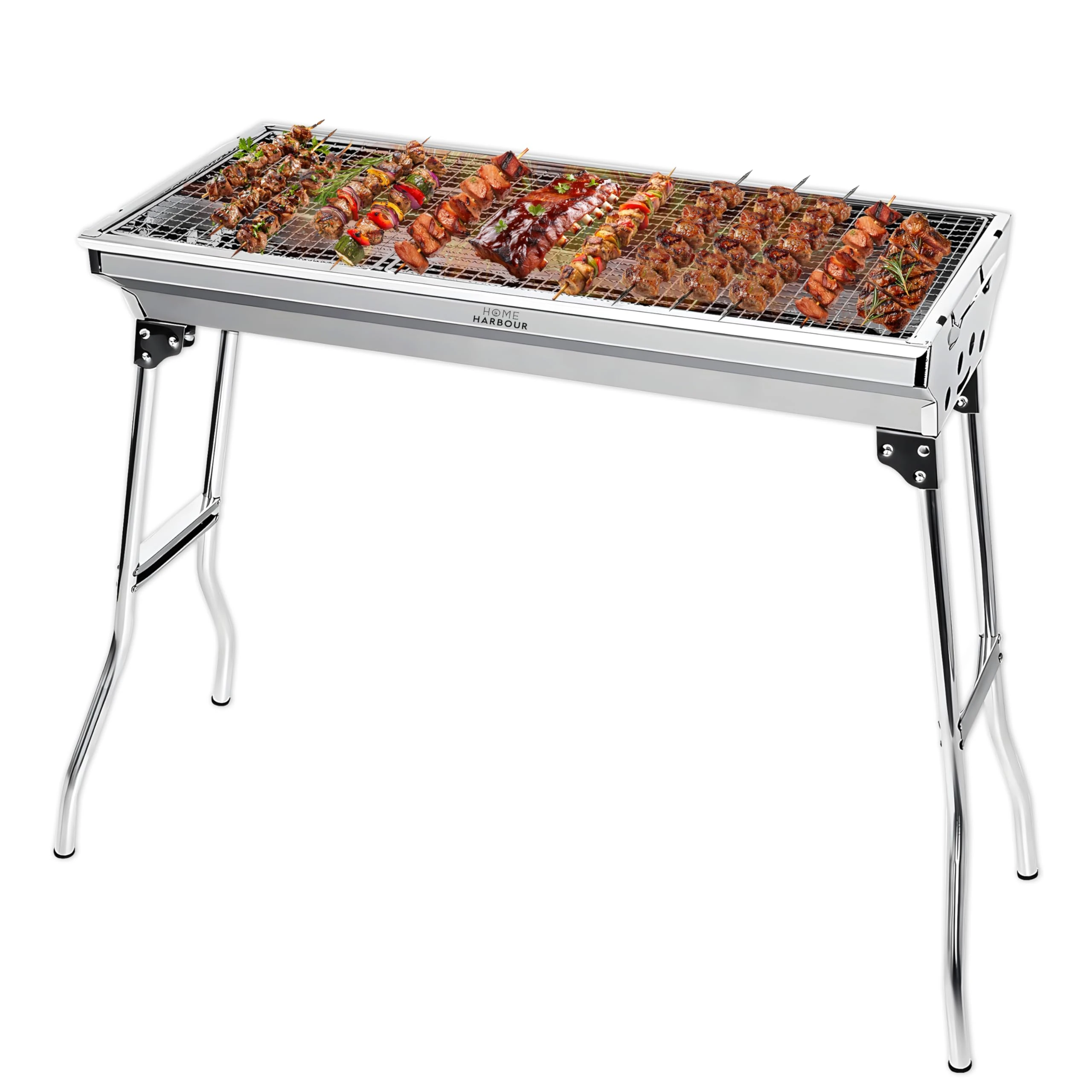 Home Harbour H1 Large Foldable Stainless Steel BBQ Charcoal Grill | Portable and Lightweight Barbecue | For Outdoor Picnics, Camping, Garden, Home Cooking Parties Grilling