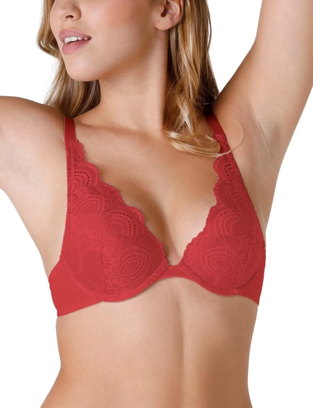 Wonderbra Womens Refined Glamour Triangle Lace Push Up Bra, Red, 34DD UK
