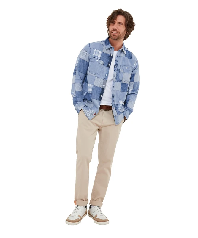 Joe Browns Men's Fashion Casual Washed Denim Look Patchwork Long Sleeve Shirt, Blue, Regular Fit, L