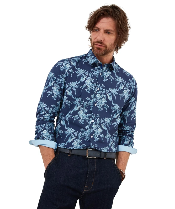 Joe Browns Men's Fashion Bird Print Long Sleeve Shirt, Navy, Regular Fit, L