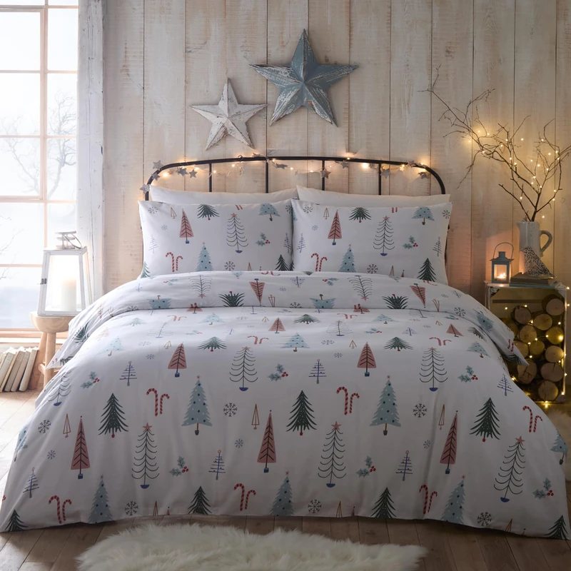 Portfolio Home Alpine Forest Festive Trees Multi King 100% Brushed Cotton Soft Cosy Bed Linen Bedding Duvet Cover Quilt Set With Pillow Cases
