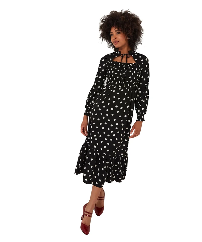 Joe Browns Women's Fashion Retro Monochrome Polka Dot Midi Dress with Neck Ties, Regular Fit, Black, UK 14
