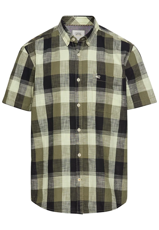 camel active Men's Checked Short Sleeve Shirt Made of Pure Cotton, Khaki, L