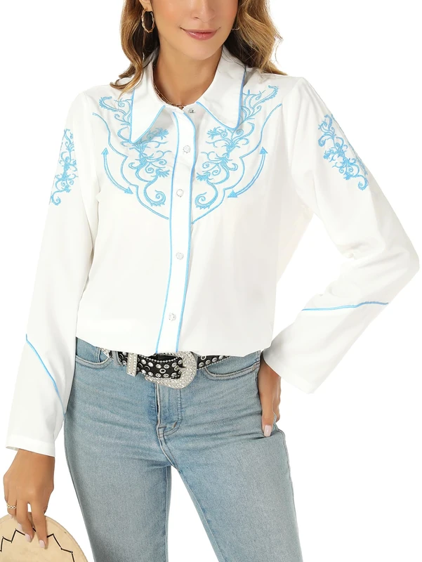Western Shirts for Women Cowgirl Sexy Dressy Long Sleeve Black Embroidered Button Up Ladies Blusas Vaqueras para Mujer, Whiter, L