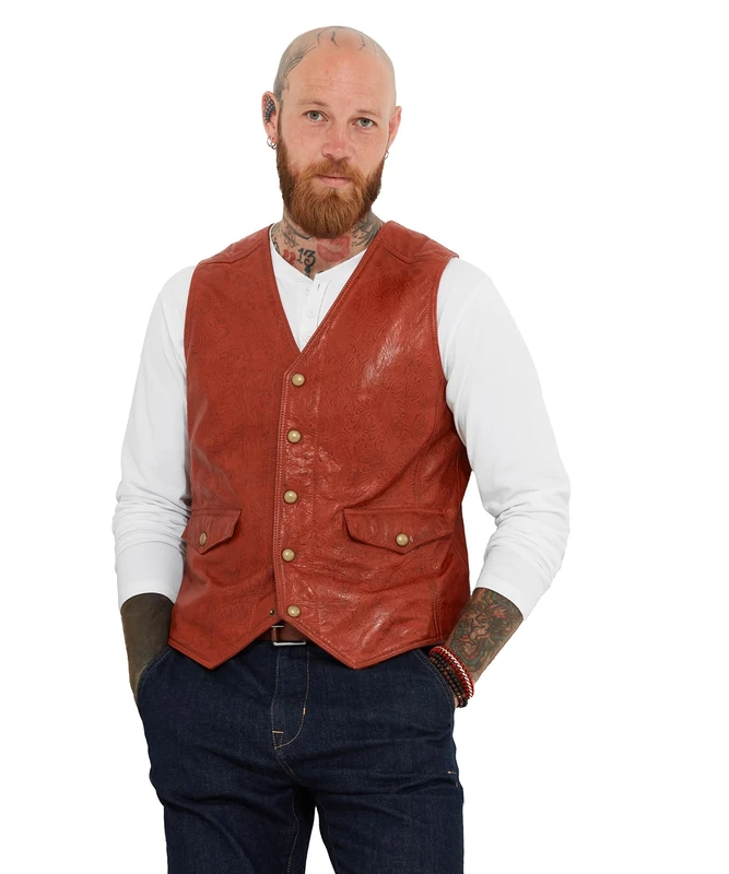 Joe Browns Men's Fashion Vintage Floral Embossed Leather Waistcoat, Brick, Regular Fit, L
