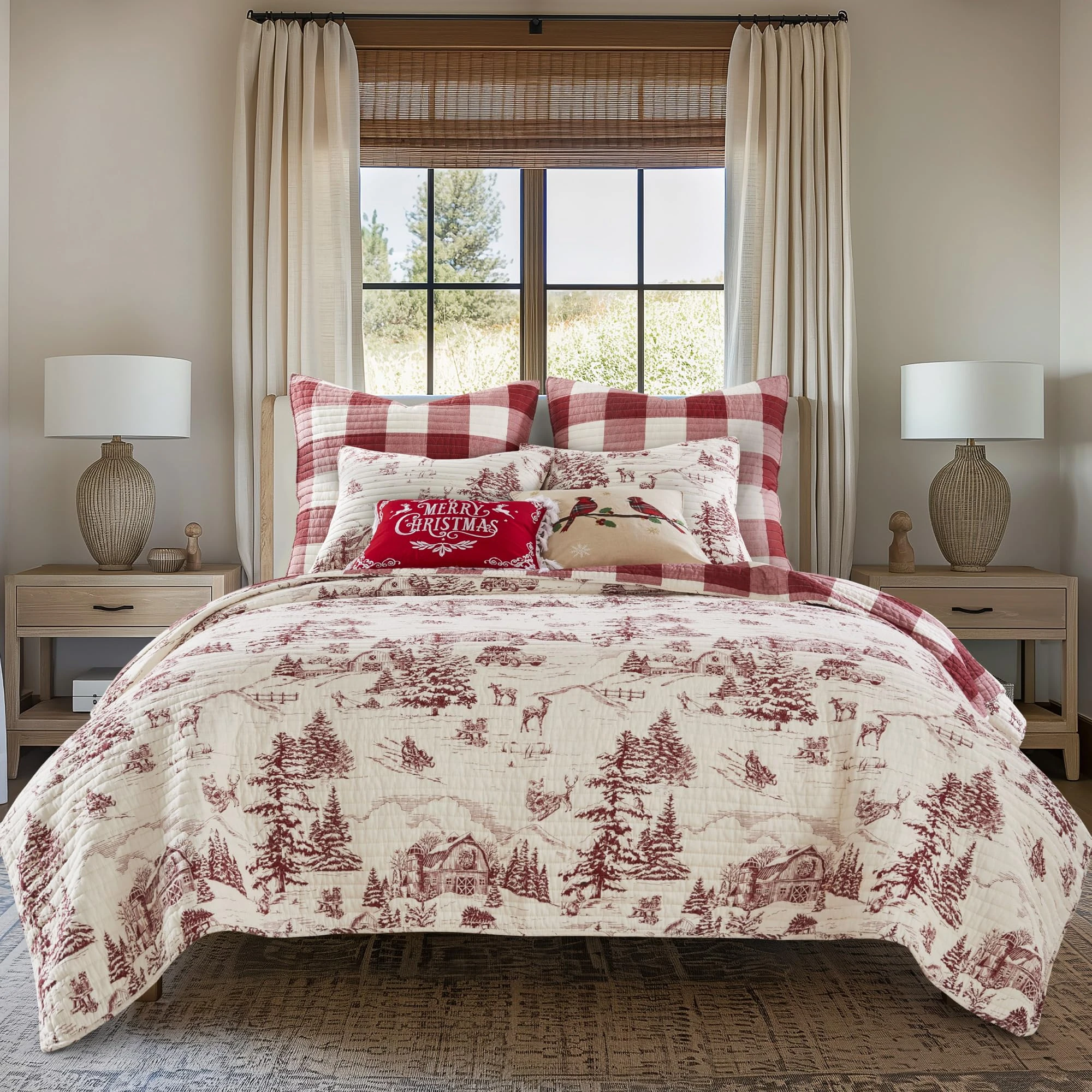 Levtex Home - Winter Sleigh Ride Quilt Set - Full/Queen Quilt and Two Standard Shams - Winter Village - Red Cream - Quilt (88x92in.) and Shams (20x26in.) - Reversible - Cotton