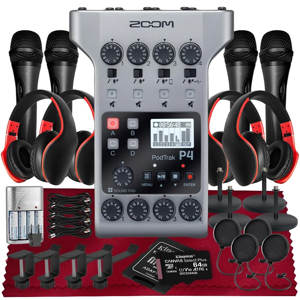 Zoom PodTrak P4 Portable Multitrack Podcast Recorder, Audio Interface w/ 4 Mic Inputs, 4 Headphone Outputs, Platinum Kit with 4X Mic Pop Filters, 4X Headphone w/Mic, 4X Handheld Mic, 64GB SD & More