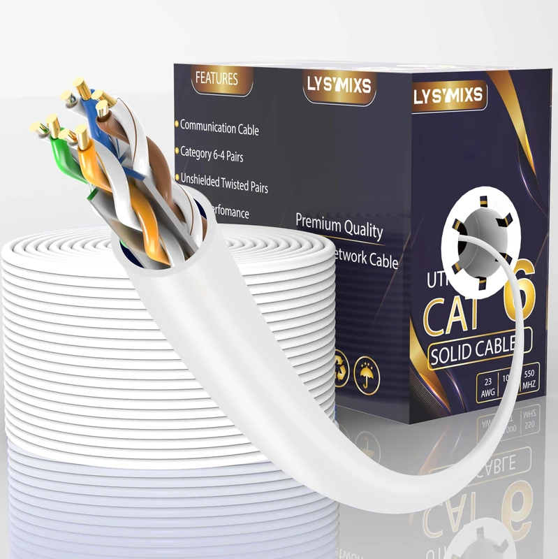 Lysymixs Cat6 Ethernet Cable 1000FT Channel Test Pass, Cat6 1000ft Ethernet Cable 23AWG Solid CCA, Cat6 Cable 550MHZ 10G with Easy Pull Box White