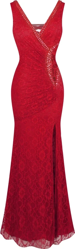Angel-fashions Women's V Neck Lace Mermaid Party Gown - Red 8 - Image 1