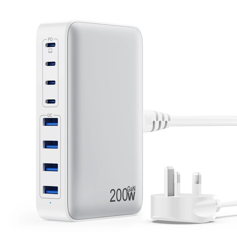 200W USB C Fast Charger Block,Upgraded GaN III 8-Port Charging Station Hub,PD 65W Laptop Charger Power Adapter Compatible with MacBook Pro/Air,Dell XPS, iPhone 16/15/Pro/14,Galaxy S24/S23 etc-White