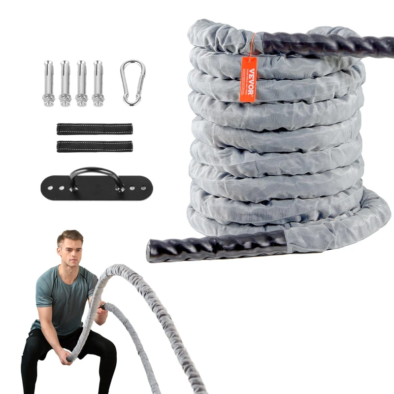 VEVOR Training Rope 30ft Length Polyester Battle Rope with Protective Cover and Anchor, Heavy Core Strength Training