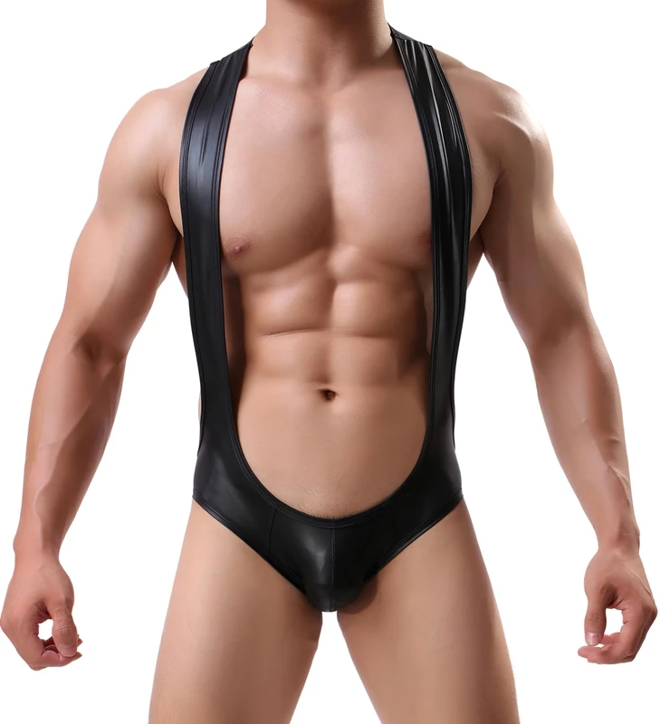 Drelaar Men's Activewear Faux Leather Leotard Bodysuit Suspender Wrestling Singlet Jockstraps One-Piece Jumpsuit Small