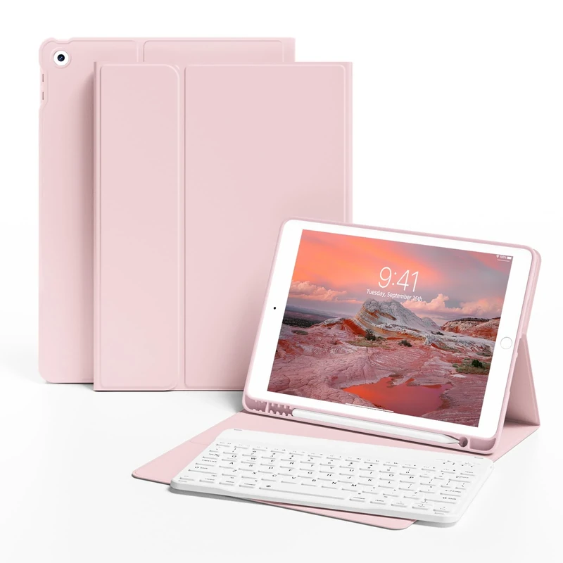 KVTVOU Case With Keyboard for iPad 9th / 8th / 7th Generation 2021/2020/2019 10.2 Inch, Soft TPU Case with Pencil Holder, Magnetic Detachable Bluetooth English Keyboard for iPad 9/8/7, Pink