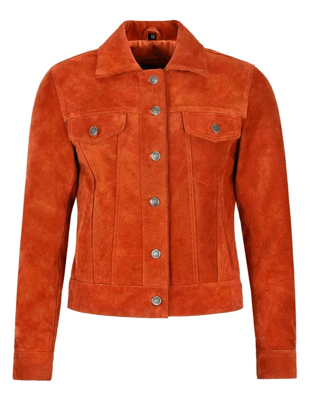 Carrie CH Hoxton Women's Trucker Jacket Classic Western Shirt Style Suede Fashion Leather Jacket (UK, Numeric, 12, Regular, Regular, Orange)
