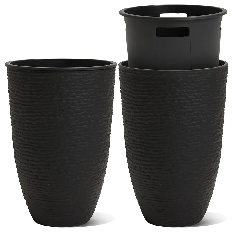 Worth Garden 2-Pack 21" H. Black Tall Planters with Inside Pots - 14'' Dia Plastic Large Round Plant Tree Pots - Decorative Imitation Stone Finish for Indoor Outdoor Front Porch Container Patio…