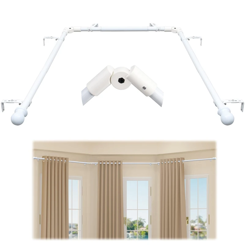 Lcokeiy U-Shape Bay Window Curtain Rods, White, 1 Inch, 59 to 184 Inches, Alloy Steel, Wall Mounted - Image 1