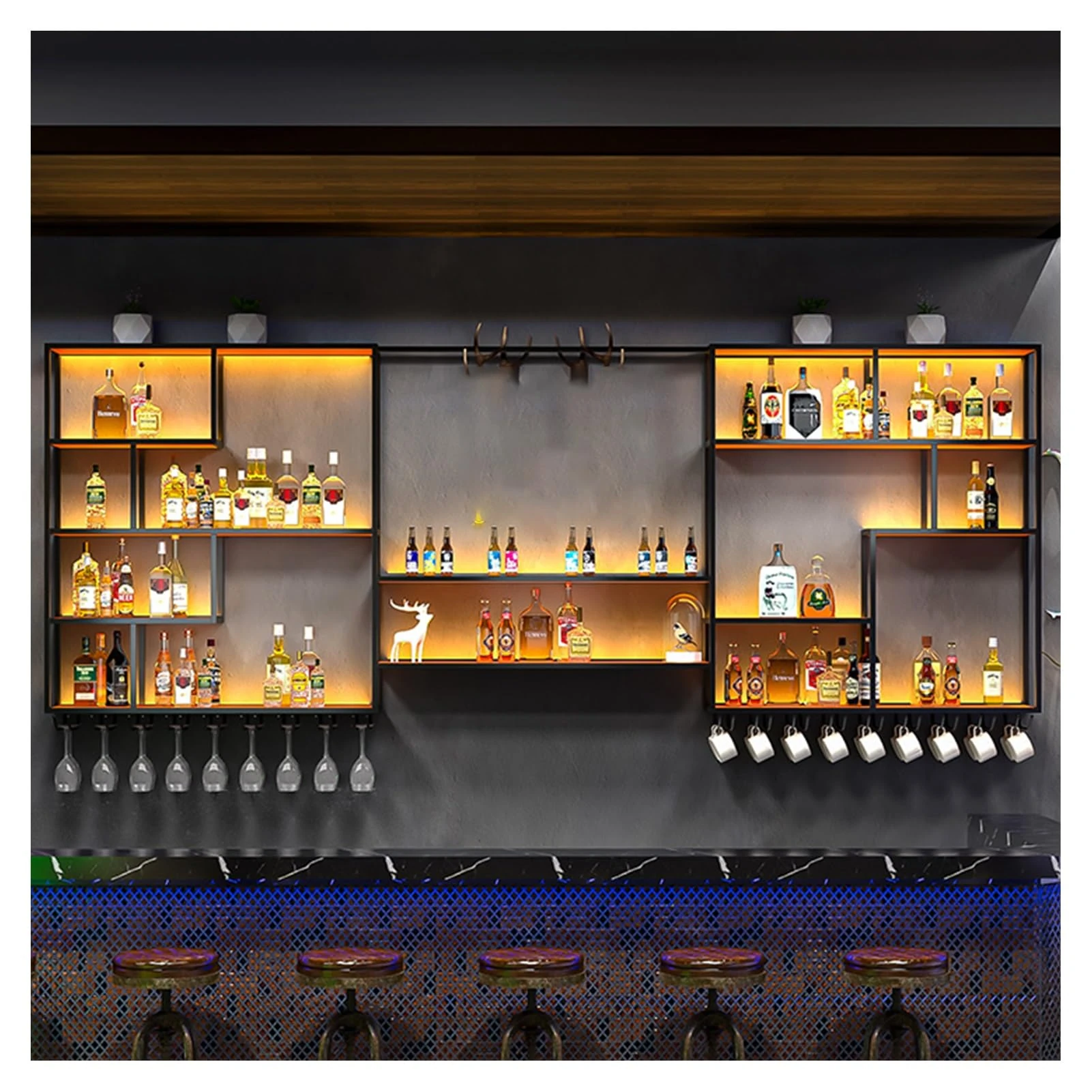 AYHARYLH Iron Bar Liquor Shelf,Modern Wine Storage Rack Wall Mounted With LED Light With Wine Glass Holder,Hanging Wall Mounted Wine Rack Bar Shelf Wine Display Storage Holder For Home Bar