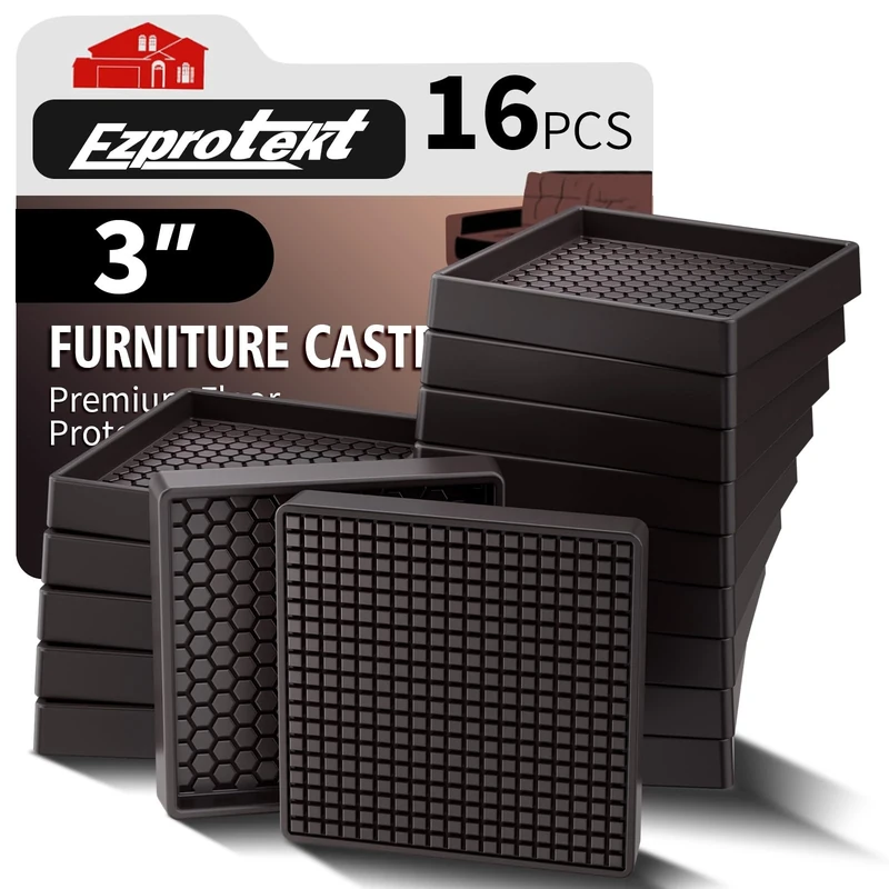 16 PCS Furniture Coasters - 3"x3" Non Slip Furniture Pads for Hardwoods Floors, Brown Square Rubber Non Skid Furniture Caster Cups, Anti Slide Furniture Feet Floor Protectors for Bed Couch Stoppers