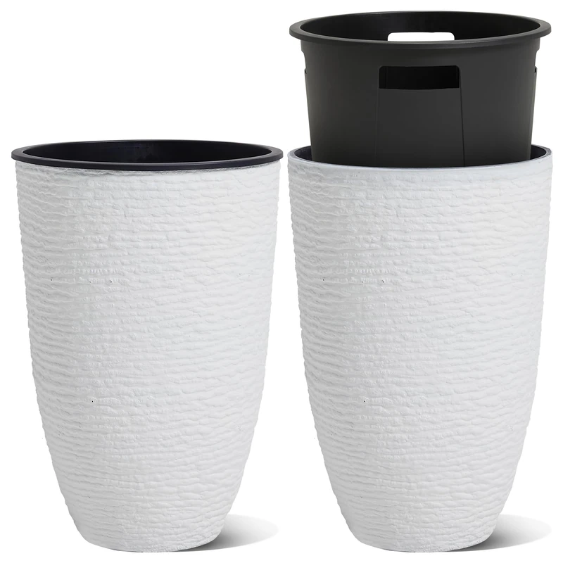 Worth Garden 2-Pack 21" H. White Tall Planters with Inside Pots - 14'' Dia Plastic Large Round Plant Tree Pots - Decorative Imitation Stone Finish for Indoor Outdoor Front Porch Container Patio