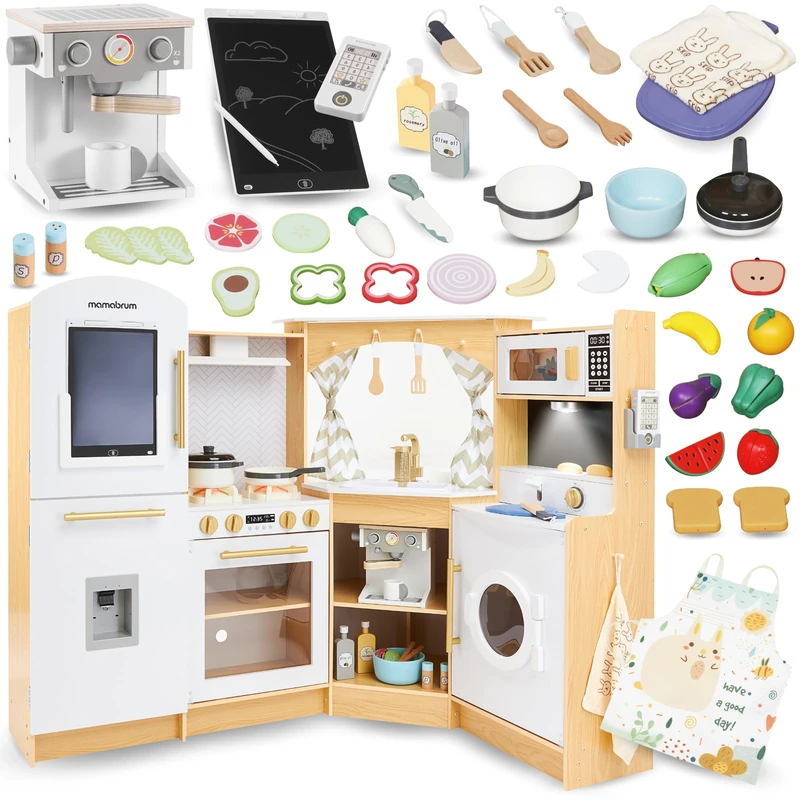 Mamabrum Corner Play Kitchen with Washing Machine, Lights and Sounds - Wooden Toy Kitchen Playset for Kids Age 3+ - Accessory Utensils and Running Water Circulation - 50-Piece Fruit & Veg Set