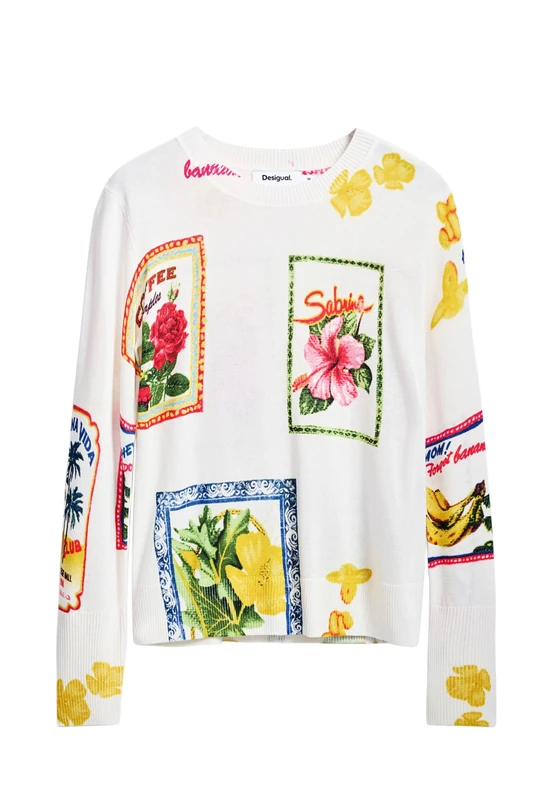 Desigual Tampere Tropical Stamps Lightweight Jumper 25SWJF32 White