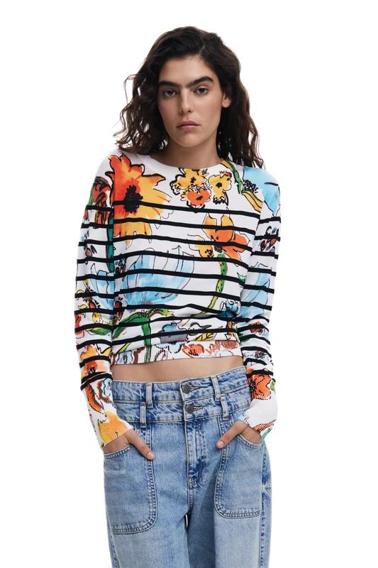 Desigual Leknes Striped Jumper with Flowers 25SWJF21 White
