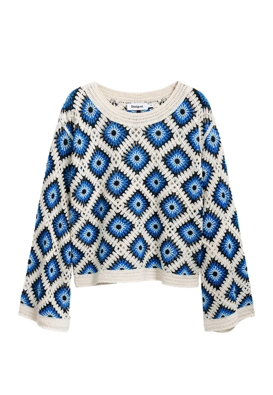 Desigual Demis Jumper Cream & Blue Crochet 25SWJF25