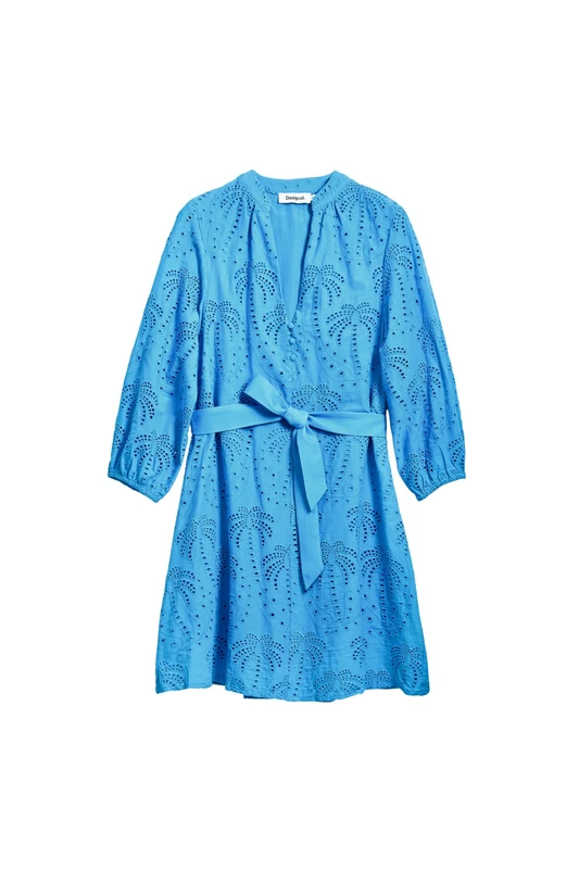 Desigual Tours Palm Tree Embroidery Broderie Anglais Dress 25SWVW09 Blue