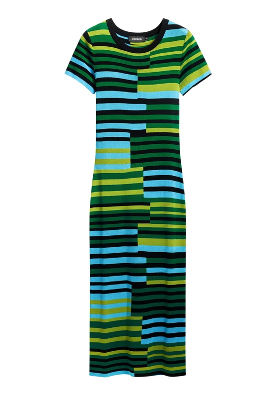 Desigual Uruguay Long Green Striped Knit Dress 25SWVF04