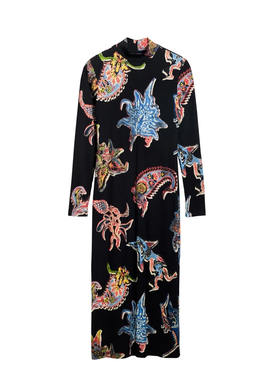 Desigual Melted Paisley Ribbed Midi Dress Designed by Mr. Christian Lacroix 25SWVK31 Black