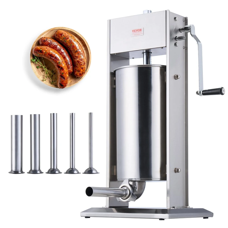 VEVOR Manual Sausage Stuffer, 15 L / 30 LBS Vertical Sausage Machine, Dual-Speed Meat Stuffer, Made of Food-Grade 304 Stainless Steel, Includes 5 Stuffing Tubes, for Home Kitchen Restaurant Commercial