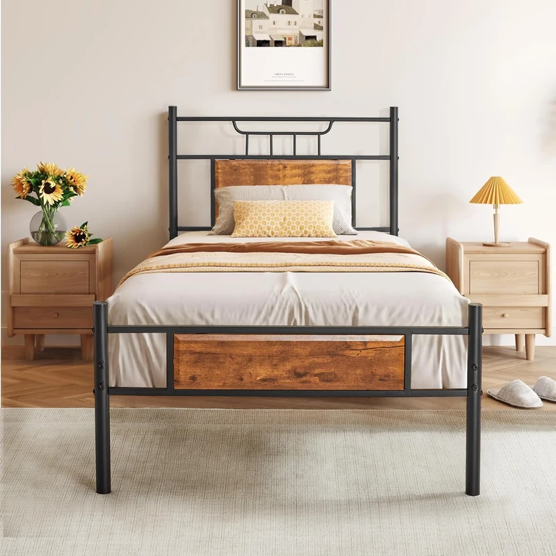 VECELO 3ft Single Bed Frames with Wood Headboard, 90x190 cm Metal Platform, Heavy Duty Metal Slats Support, Mattress Base No Box Spring Needed, No Noise, Easy Assembly