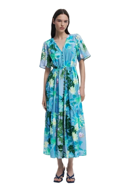 Desigual Nancy Aqua Floral Midi Shirt Dress 25SWVW18