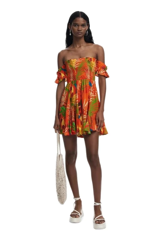 Desigual Bahamas Dress Tropical Bardot Mini Dress Summer Style 25SWMW10 Orange - Image 1