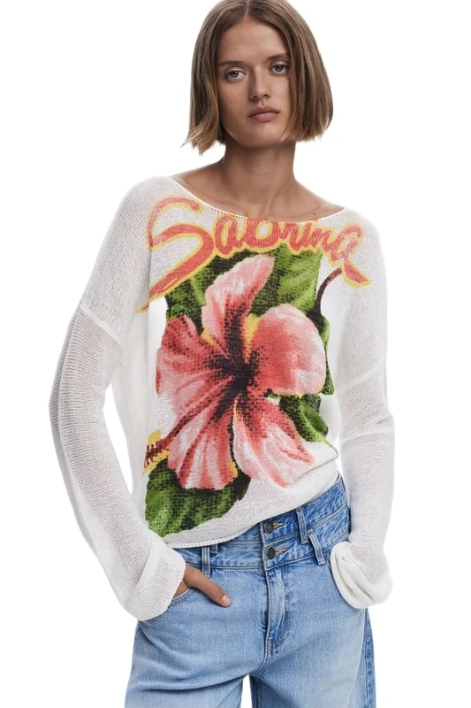 Desigual Ribe Jumper Cream with Pink Lily 25SWJF16