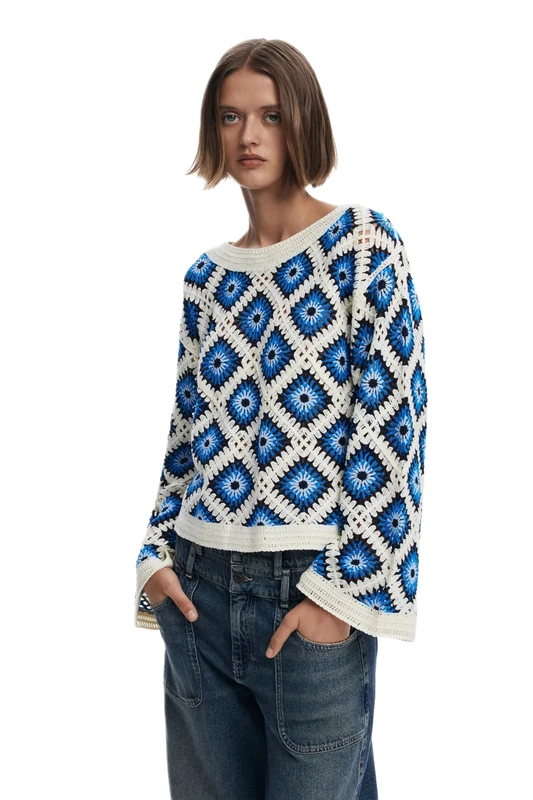Desigual Demis Jumper Cream & Blue Crochet 25SWJF25