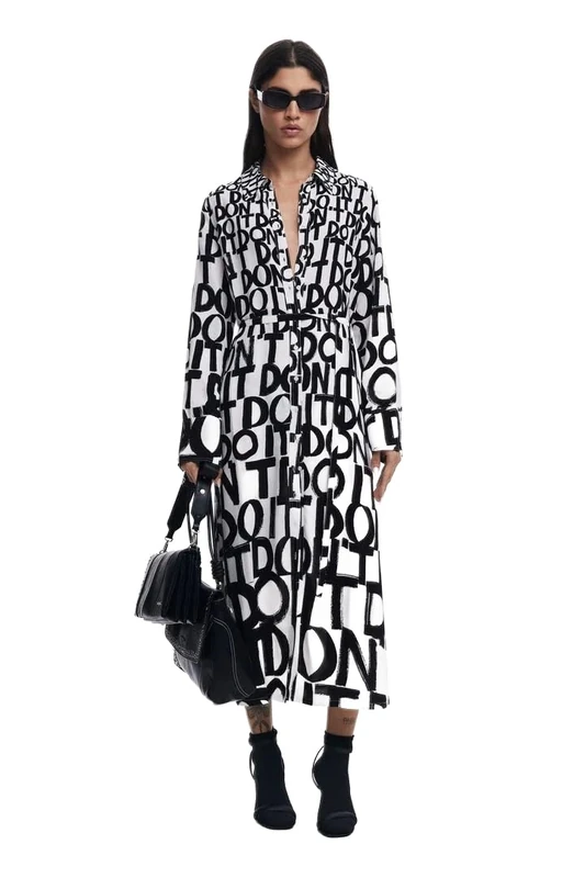 Desigual Tripoli Midi Monochrome Shirt Dress with Writing 25SWVW40 Black