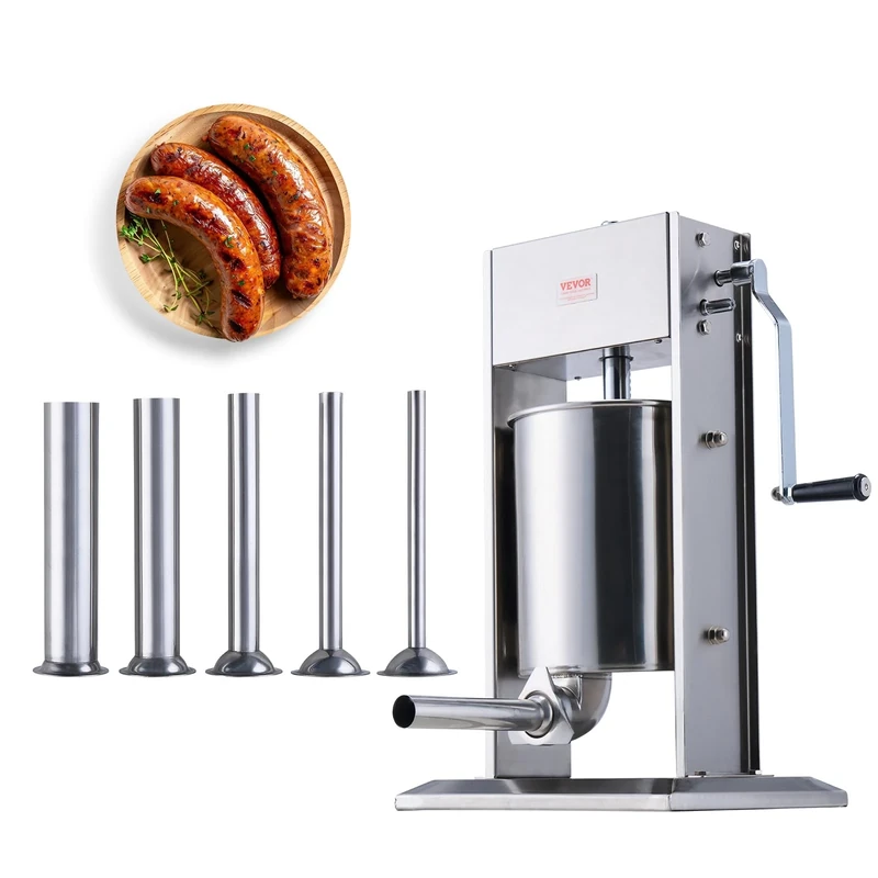 VEVOR Manual Sausage Stuffer, 10 L / 22 LBS Vertical Sausage Machine, Dual-Speed Meat Stuffer, Made of Food-Grade 304 Stainless Steel, Includes 5 Stuffing Tubes, for Home Kitchen Restaurant Commercial