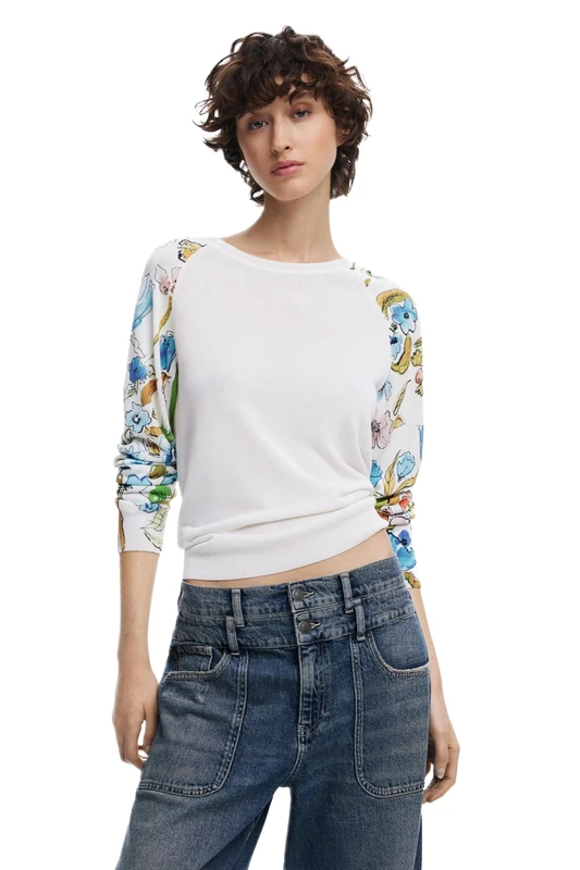 Desigual Randers White Jumper with Floral Arms 25SWJF31