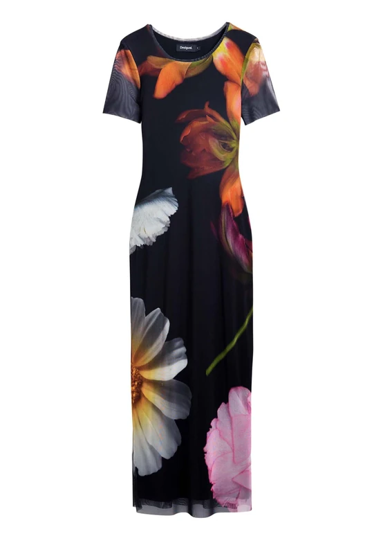 Desigual Roterdam Long Fitted Floral Tulle Dress 25SWVK12 Black