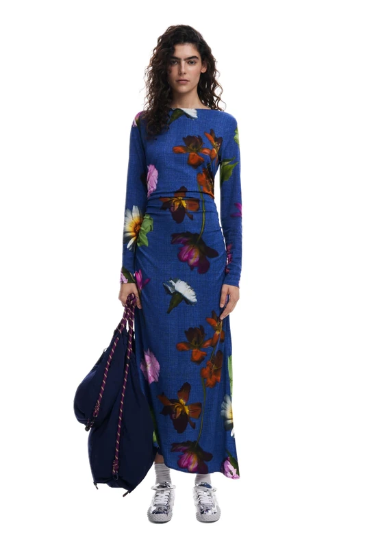 Desigual Roma Large Flower Asymmetric Midi Dress 25SWVW25 Blue