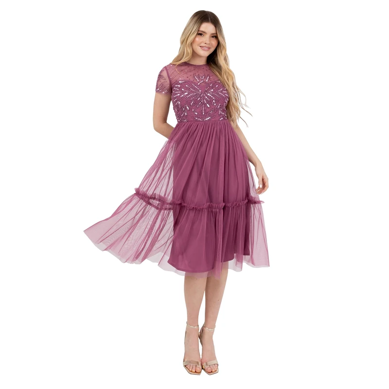 Maya Deluxe Women's Midi Dress Ladies Round Neck Sheer Short Sleeves Sequin Embellished Tulle Ruffle A-line Wedding Guest Occasion, Rose 20