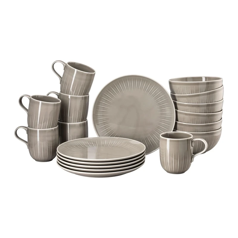 Rosenthal Joyn Grey 18-Piece Mug Set, Stoneware, Tableware, Dining Set, Coffee Service, Breakfast Plates, Mugs, Bowls, Soups, Cereal, Grey