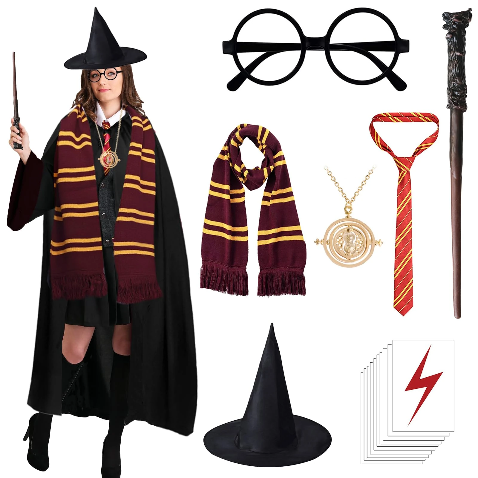17 Pcs Adults Wizard Costume Accessories Set with Hooded Cape Wizard Hat Scarf Tie Glasses Wand Necklace Tattoo Sticker,Harry Wizard Cosplay Outfit Fancy Dress for Halloween Party World Book Day