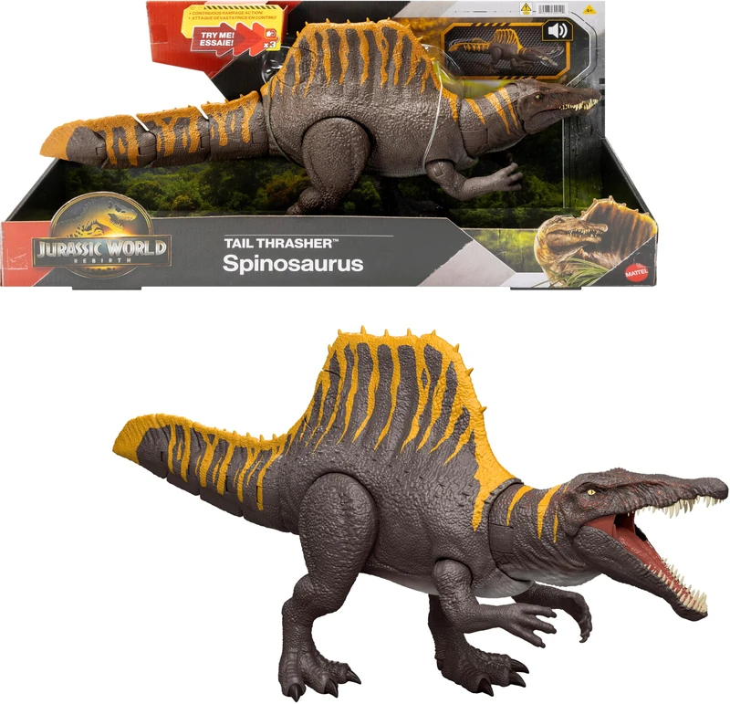 Mattel Jurassic World Rebirth Dinosaur Toy, Tail Thrasher Spinosaurus Action Figure with 2 Attack Moves, Movie-Accurate & Posable, Digital Play, JGB57