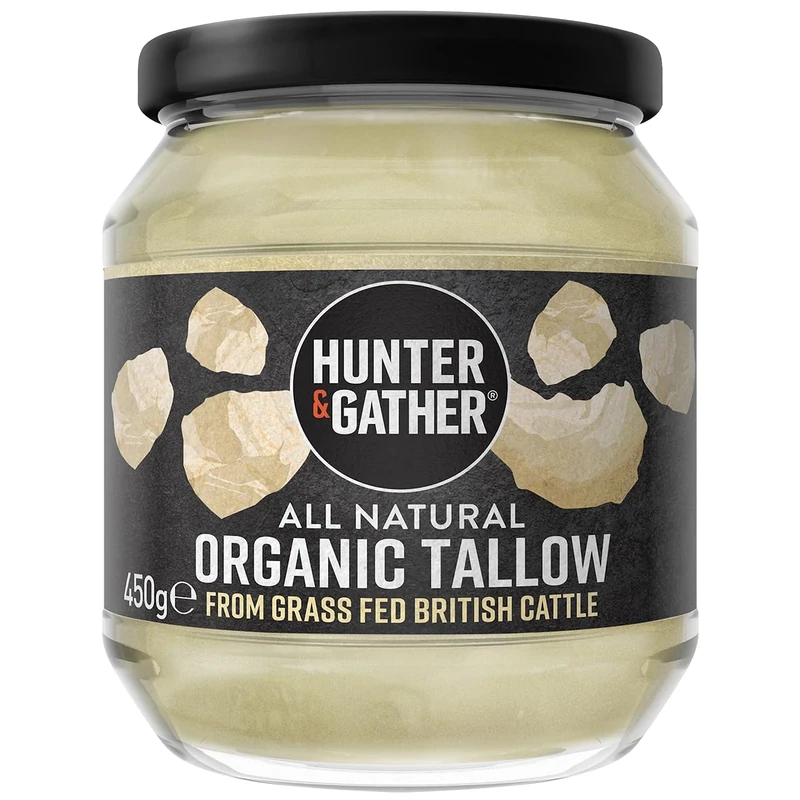 Hunter & Gather Organic Beef Tallow from Grass Fed British Cows 450g | Gluten Free, Seed Oil Free | Keto, Low Carb, Paleo I Ancestrally Inspired Nutrition I Simply 1 Ingredient I Glass Jar