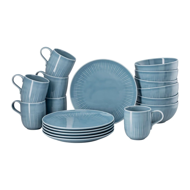 Rosenthal Joyn Denim Blue 18-Piece Mug Set, Stoneware, Tableware, Dinnerware, Coffee Service, Breakfast Plates, Mugs, Bowls, Soups, Cereal, Blue