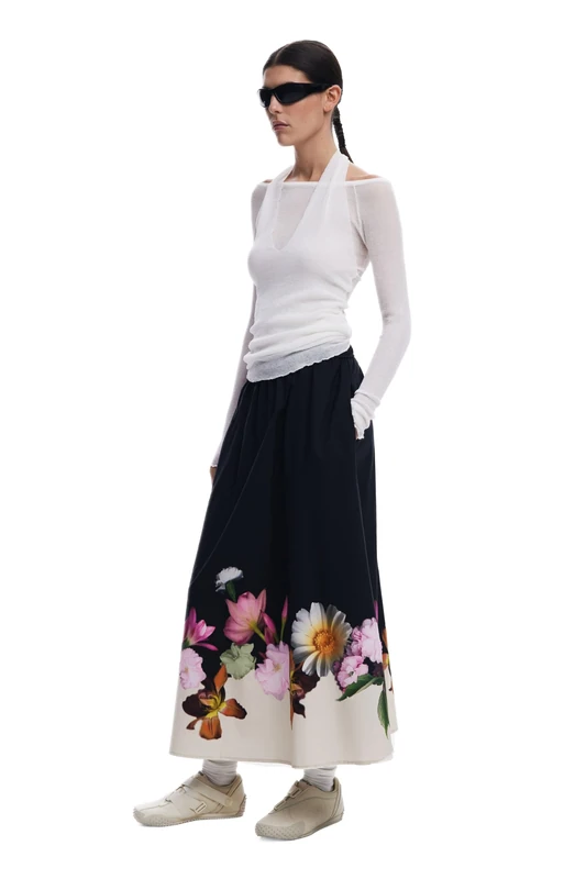 Desigual Lindo Black Floral Midi Skirt 25SWFW18
