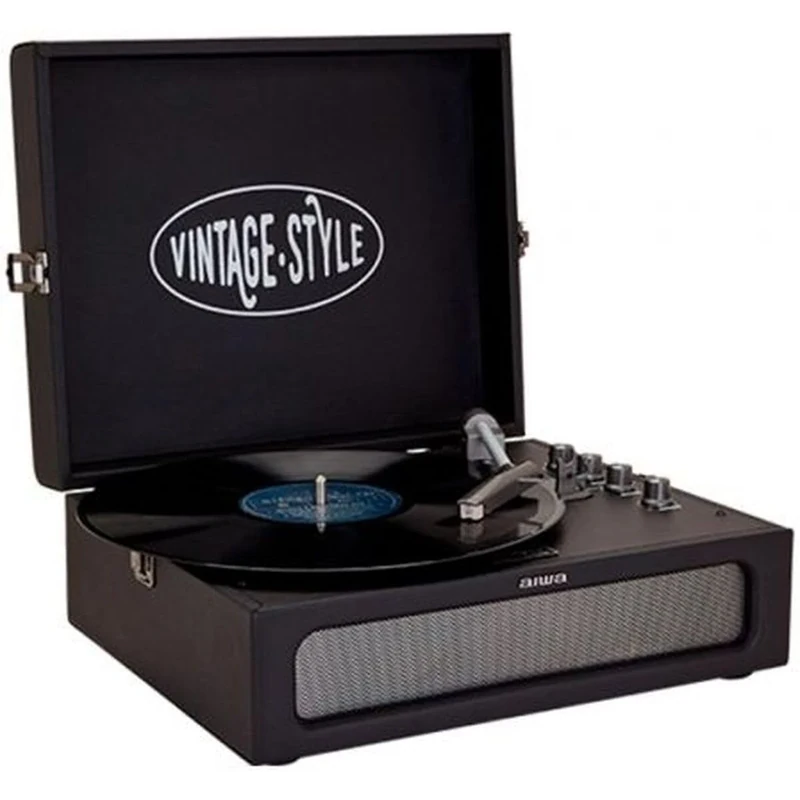 Aiwa VPX-1971/BK Vintage Turntable in Synthetic Leather Briefcase with Bluetooth 2-Way MP3 Player and USB Recorder Black