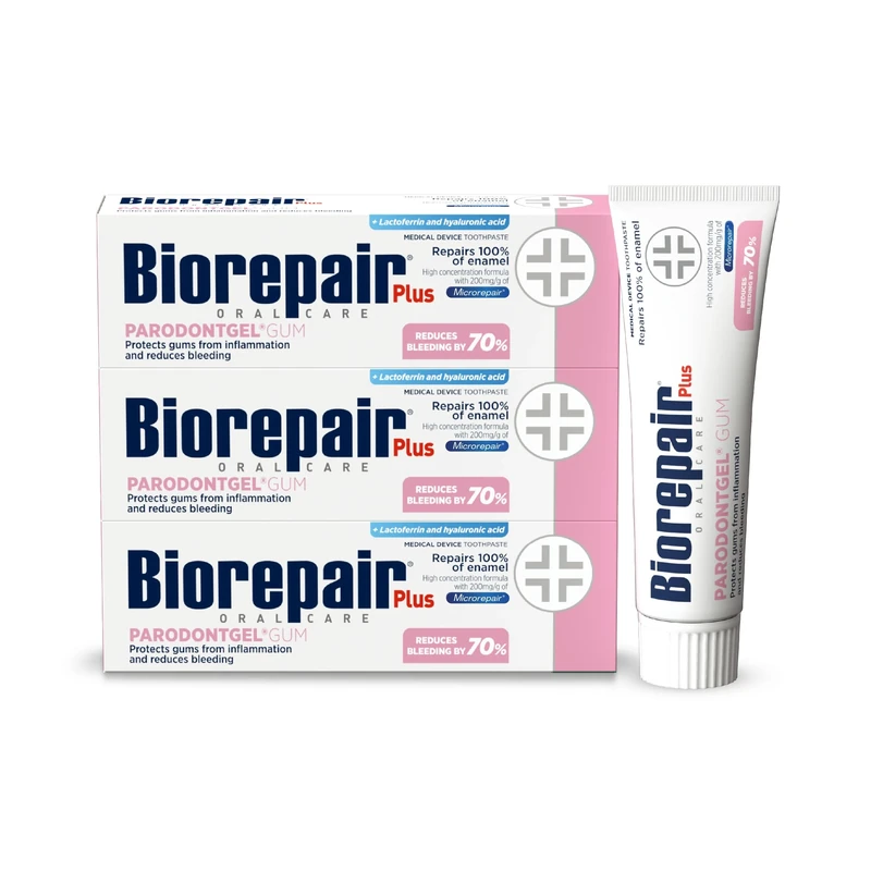 BIOREPAIR Plus Parodontgel Gum- Fluoride Free Toothpaste, Prevents Gums Inflammation & Bleeding, Hydroxyapatite Toothpaste, Helps Fight Plaque & Tartar, Bleeding Gums Treatment, 75mlx3 Made in Italy